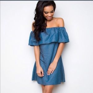 Denim Off the Shoulder Dress with Belt
